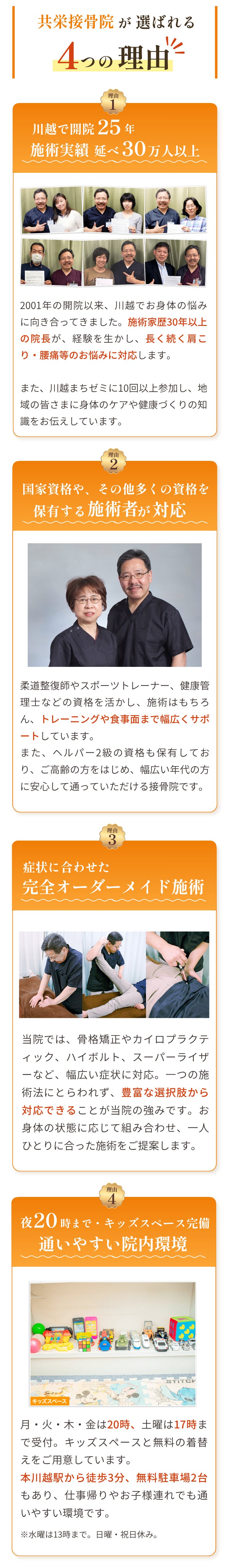 共栄接骨院が選ばれる4つの理由。理由1 川越で開院25年・施術実績延べ30万人以上/理由2 国家資格や、その他多くの資格を保有する施術者が対応/理由3 症状に合わせた完全オーダーメイド施術/理由4 夜20時まで・キッズスペース完備で通いやすい院内環境
