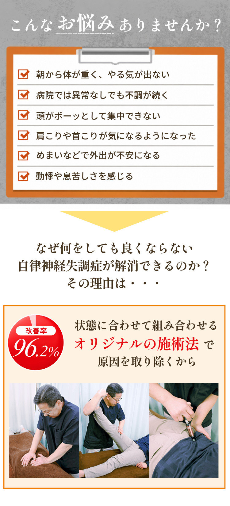 こんなお悩みありませんか？ 朝から体が重く、やる気が出ない／病院では異常なしでも不調が続く／頭がボーッとして集中できない／肩こりや首こりが気になるようになった／めまいなどで外出が不安になる／動悸や息苦しさを感じる。なぜ何をしても良くならない自律神経失調症が解消できるのか？ その理由は、状態に合わせて組み合わせるオリジナルの施術法で原因を取り除くから（改善率96.2%）