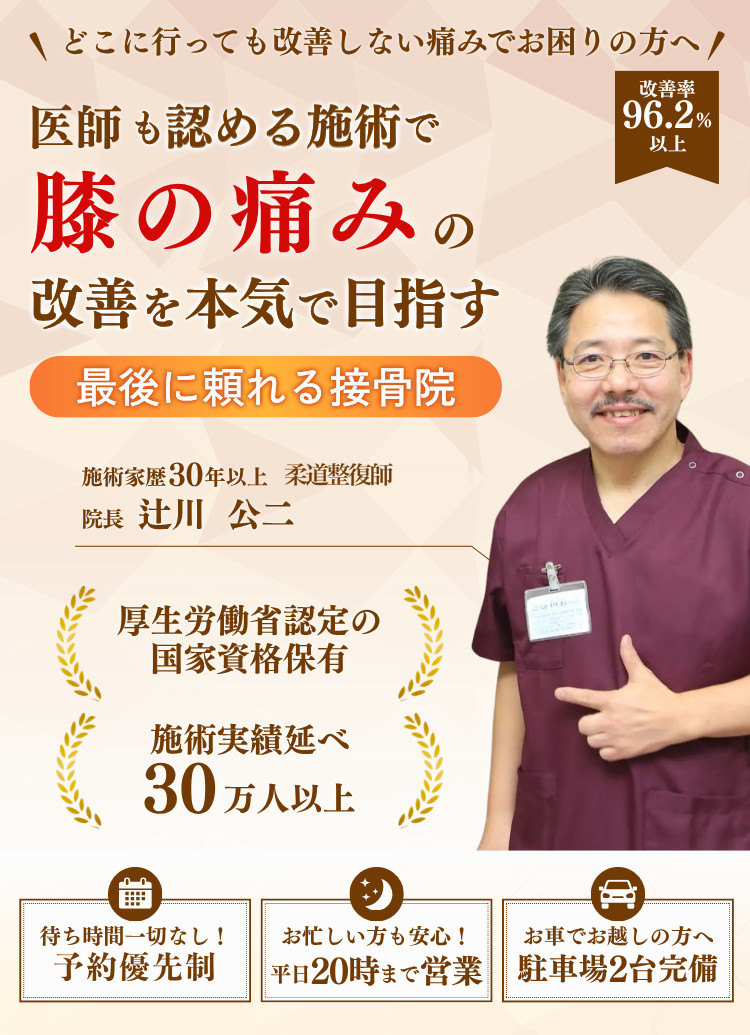 どこに行っても改善しない痛みでお困りの方へ。医師も認める施術で膝の痛みの改善を本気で目指す。最後に頼れる接骨院。施術家歴30年以上 柔道整復師 院長 辻川公二。厚生労働省認定の国家資格保有。施術実績延べ30万人以上。改善率96.2%以上。待ち時間一切なし!予約優先制/お忙しい方も安心!平日20時まで営業/お車でお越しの方へ 駐車場2台完備